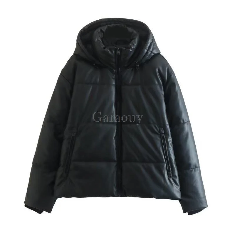 2022 New Winter Women's Jackets Faux Leather Coat Hooded Zipper Parka PU Loose Black Warm Outwear Manteau Femme Clothes