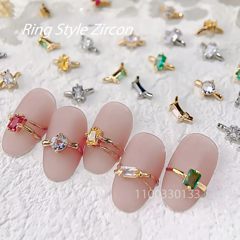 2022 Ring Style Zircon Diamond Nail Charms Chrome Fingertips French Belt Alloy Heart Rect Inlay Crystal Nail Tip Ring Jewelry 3D