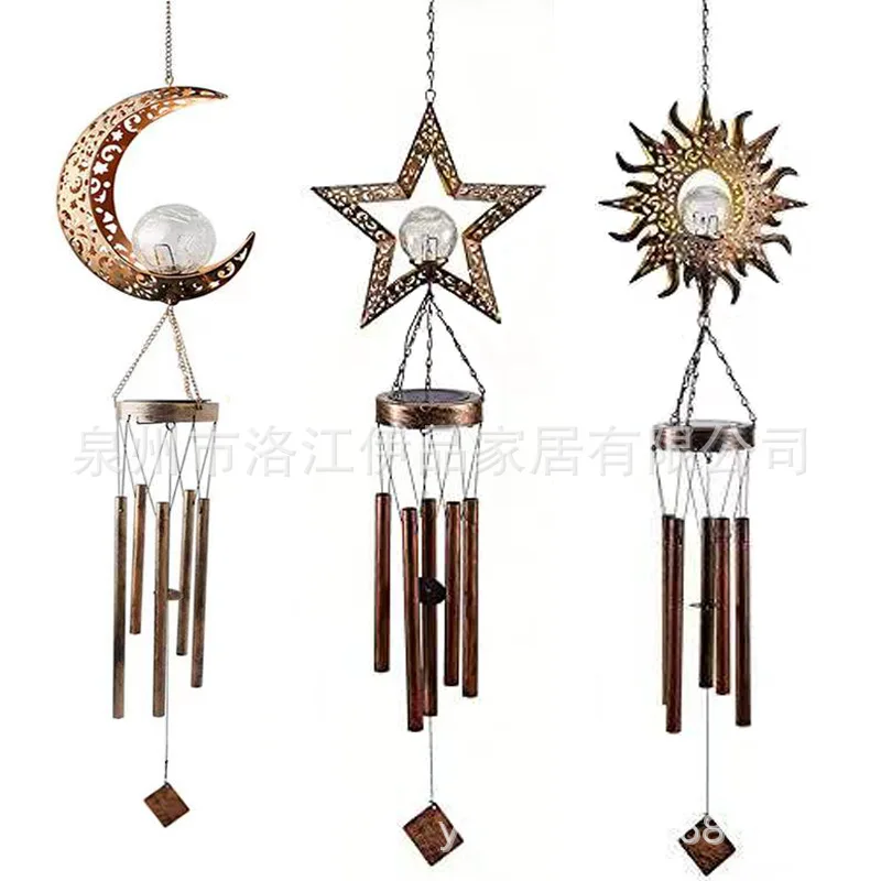 

Factory Courtyard Decoration Metal Star Moon Hollow Wind Chimes With Led Solar Lights Wrought Iron Crafts