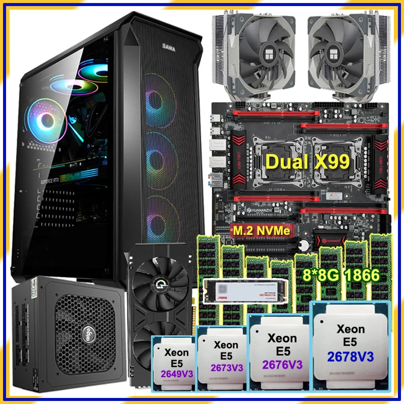 Игровой компьютер семейная материнская плата 512G M.2 SSD 2 процессора E5 2676 2696 2678 V3