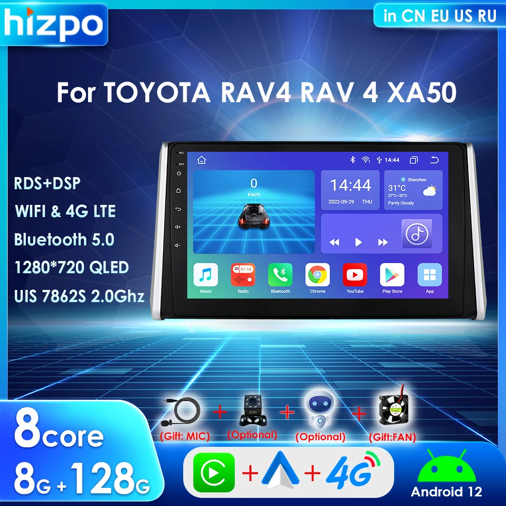 

Мультимедийная система Hizpo для Toyota, мультимедийный проигрыватель на Android 12, 10,1 дюйма, 2din, для Toyota RAV4, RAV 4, XA50, GPS, Navi, BT, FM, стерео, RDS, 4G, DSP, IPS