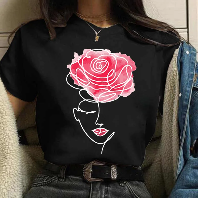 

Women Line Art Red Flower Print T Shirt Women Black T Shirt Female Ladies Casual Cute Tee Shirts Woman Fashion Graphic Tee Tops