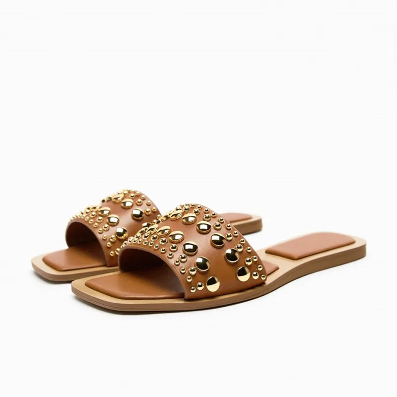 Womens Slippers 2023 Summer  Fashion Transparent Flats Sandals Female Squared Toes Slides Outwear Casual Beach Slippers Size 42