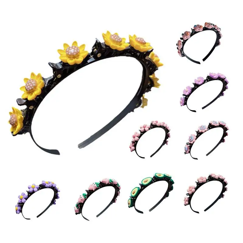 

Детские повязки на голову с зажимами, 9 шт., Мультяшные аксессуары, двухслойная плетеная косичка для волос, обручи для волос с фруктами и цвет...