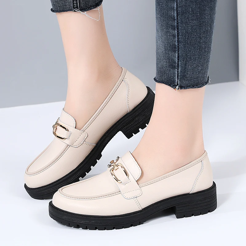 Thick soled small leather shoes for women 2022 New British style single shoes Retro Versatile round toe thick heel women's shoes