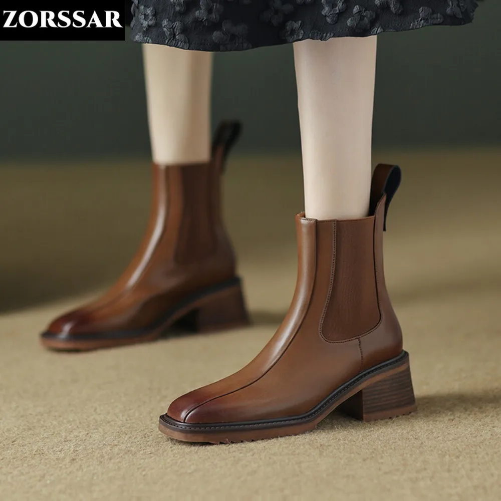 

Big Size 41 Cow Leather High Heels Winter Shoes Women Classics Chelsea Boots Square Toe Slip on Concise Casual Ankle Boots