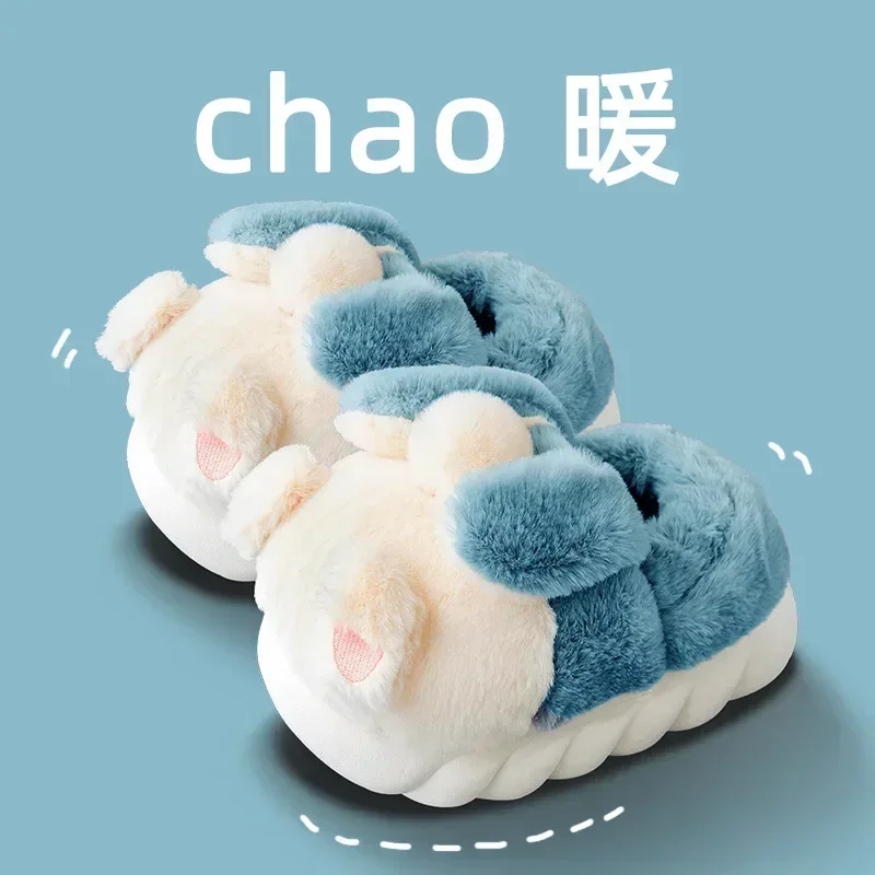 Зимние теплые кроличьи туфли женские замшевые плюшевые хлопковые тапочки на