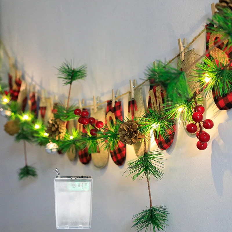 

Christmas Rattan LED Fairy Pine Cone Bells Pine Needle Red Fruit Tree Vine 2M Battery Light String Bedroom Wedding Party Decor