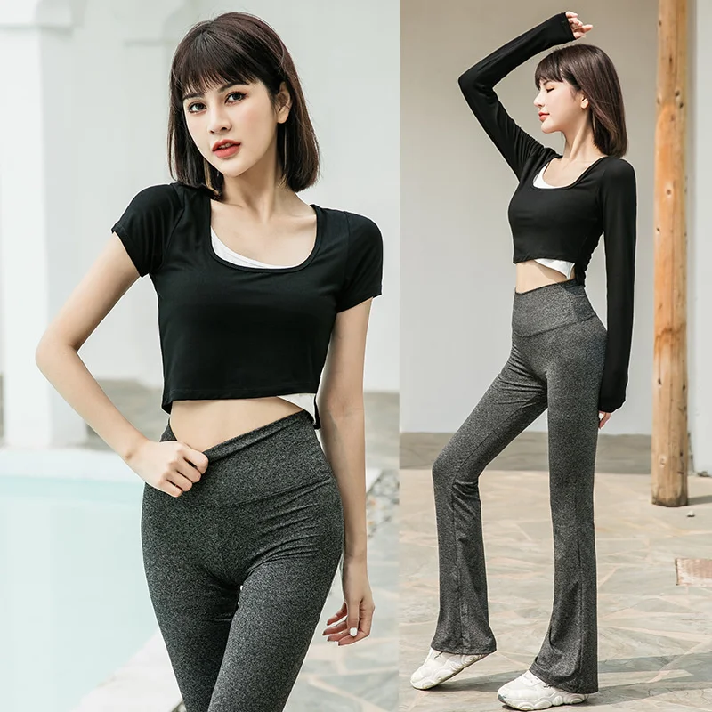 

GymHUB New Irregular Stitching Fitness T-shirt Short Sleeve Top Slim High Waist Flared Pants Yoga Suit Two Piece Suit