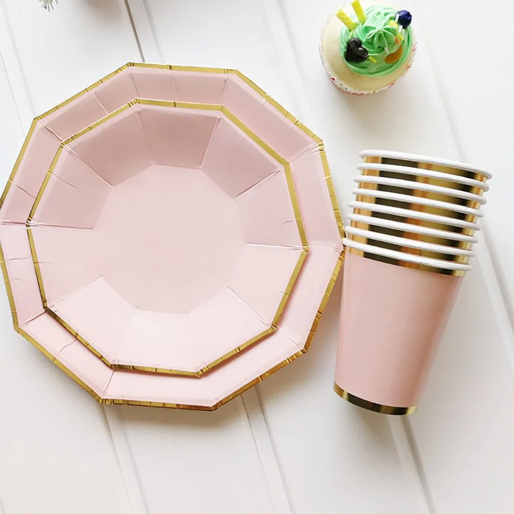 

Pure Pink Paper Cups Plates Bronzing Disposable Paper Tableware For Party Cake Plates Cups Wedding Birthday Banquet Picnic Decor