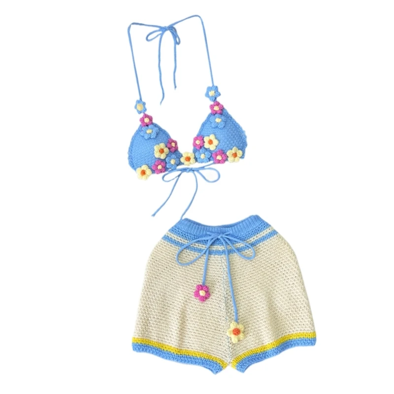 Полый комплект бикини с цветочным крючком для женщин бюстгальтер лямкой на