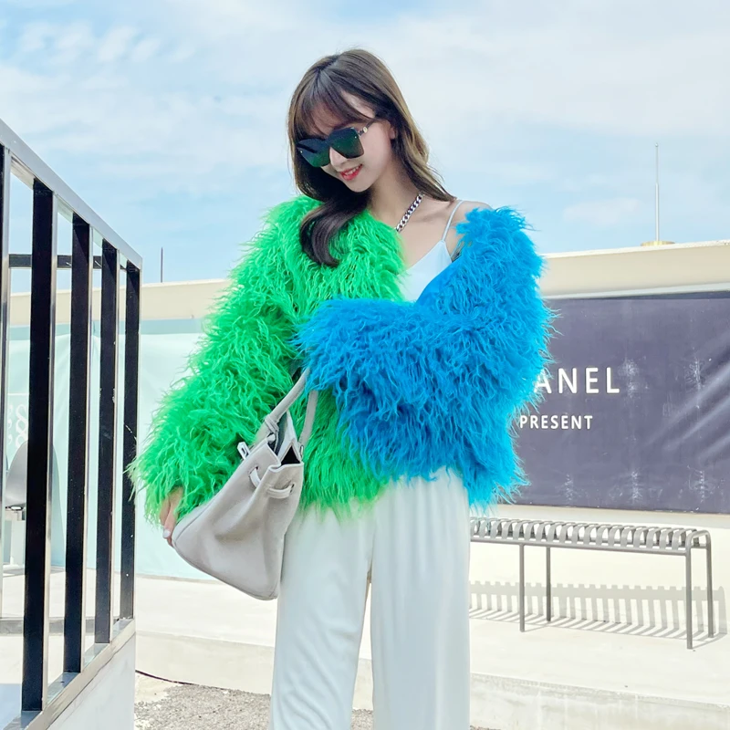 Winter Contrast Color Patchwork Furry Coat Women Korean Style Environmentally Friendly Fur Blue Beach Wool Green Faux Fur Jacket