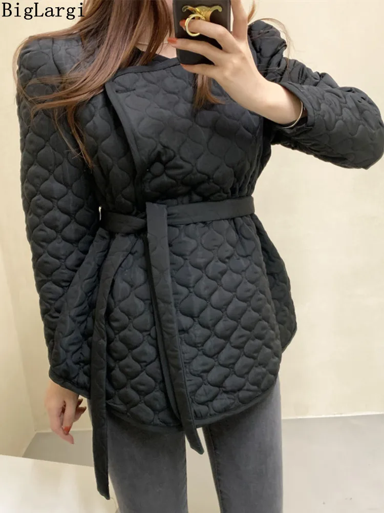 Korean Fashion Women Clothes Lace Up Jacket Women Autumn Winter Simple O Neck Ladies Tops Single-breasted Tie-waist Thick Coats