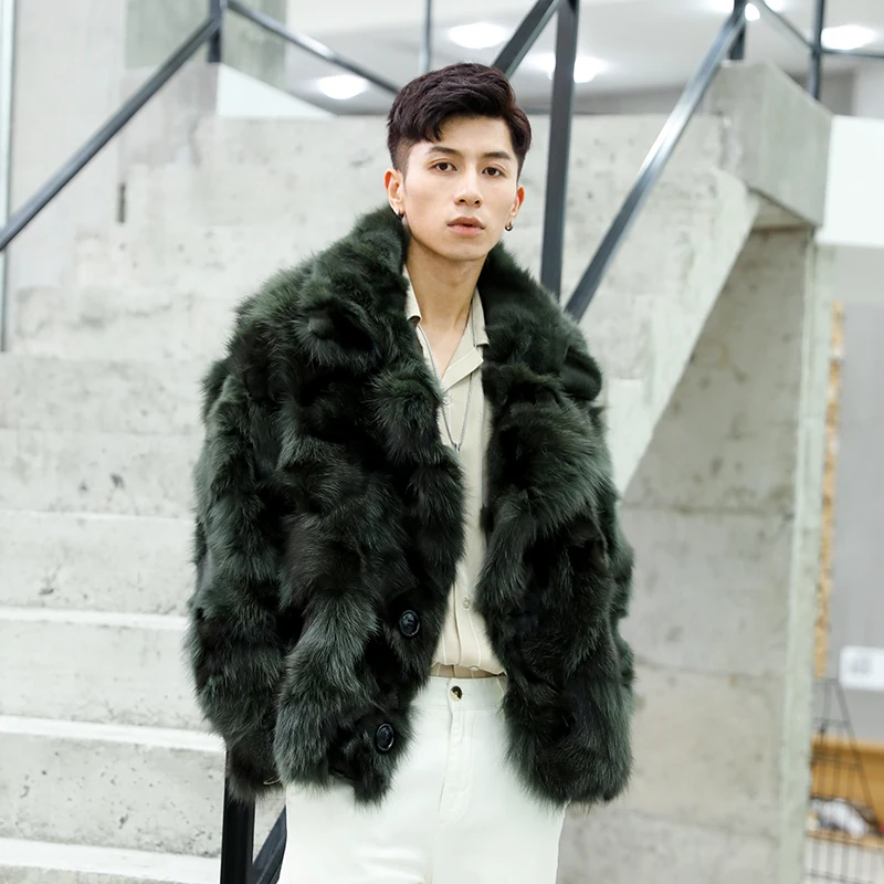 

Real Fox Fur Coat Mens Winter Dark Green Short Genuine Leather Jacket fox fur Loose Overcoat Men Clothing