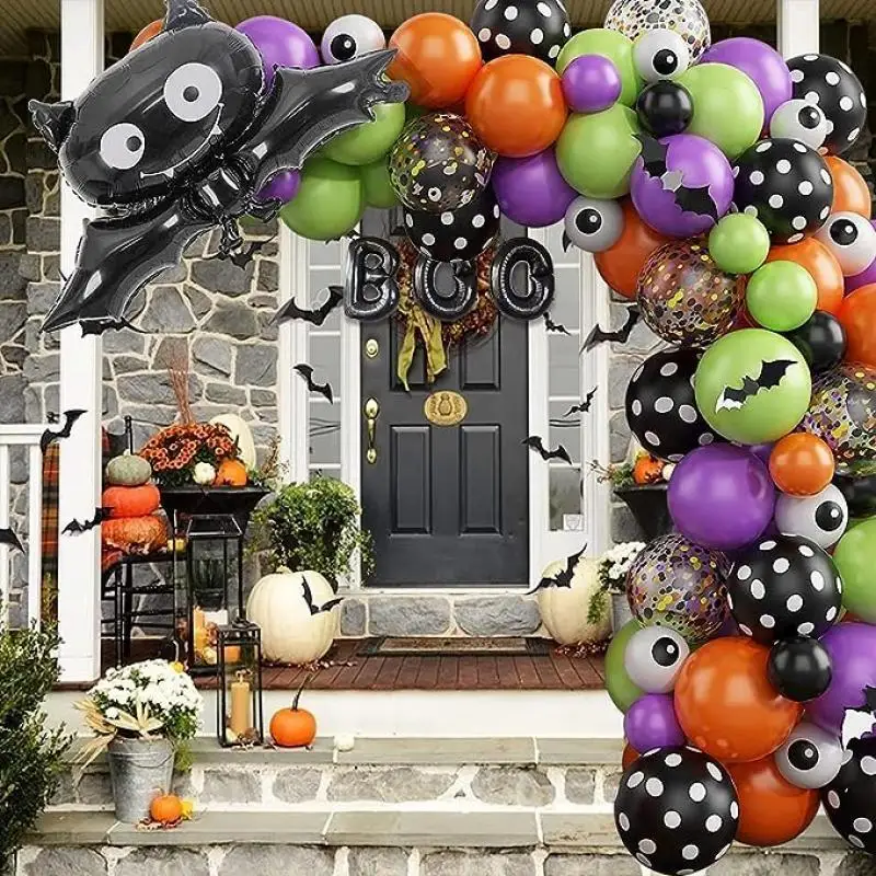 

97pcs Halloween Party Balloon Garland Arch Green Orange Balloon Bat Foil Balloons for Birthday Halloween Party Decorations
