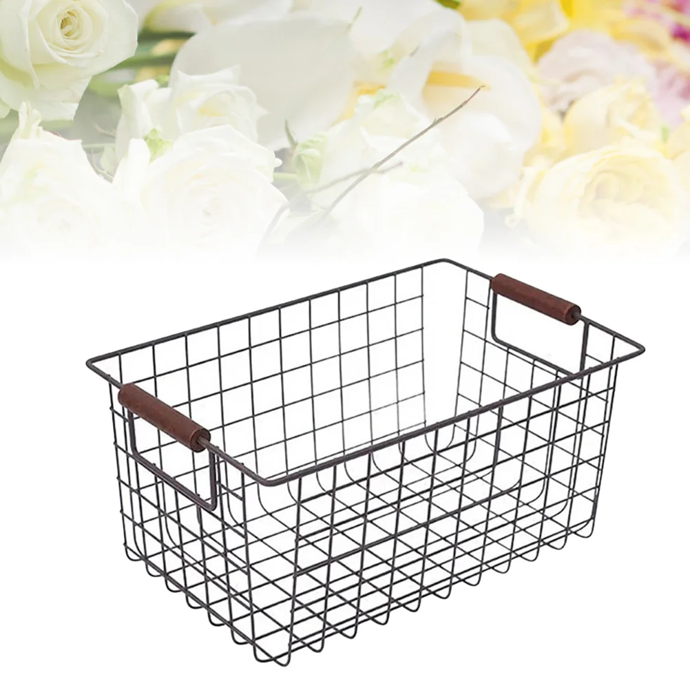 

Storage Basket Wire Pantry Bin Baskets Closet Bins Cloth Bathroom Makeup Freezer Refrigerator Black Metal Handles Desktop