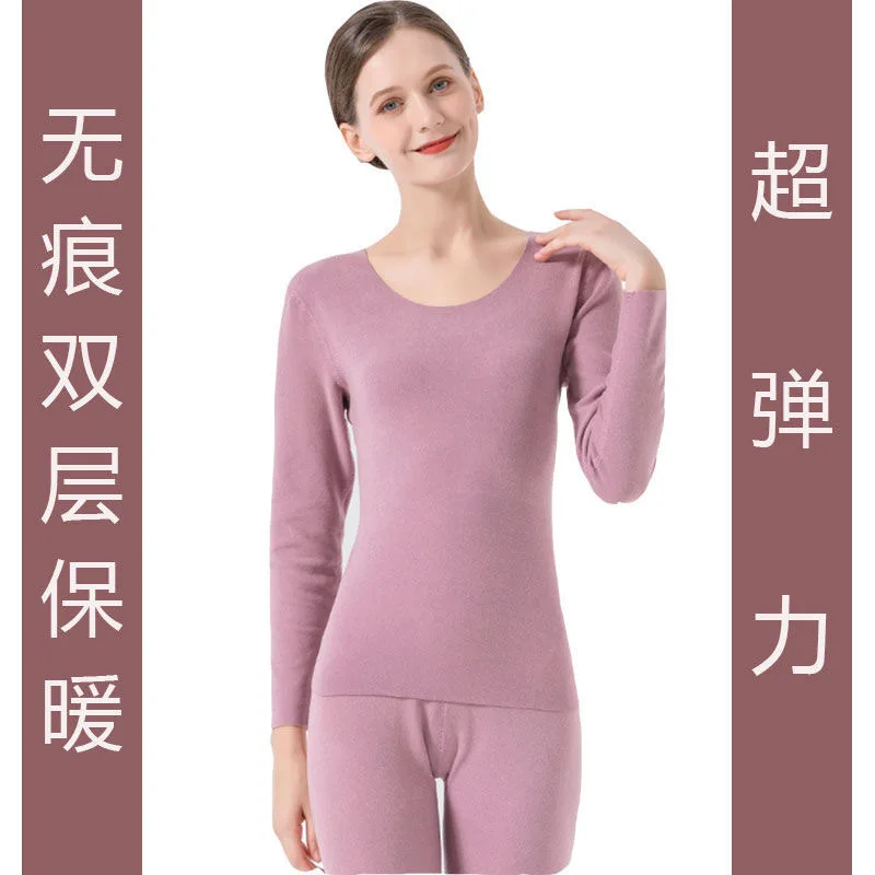 Women Double-sided Velvet Warm Pajamas Suit Thickened V-neck Underwear Winter Warm Fitting Stretch Long Sleeved Thermal Pajamas