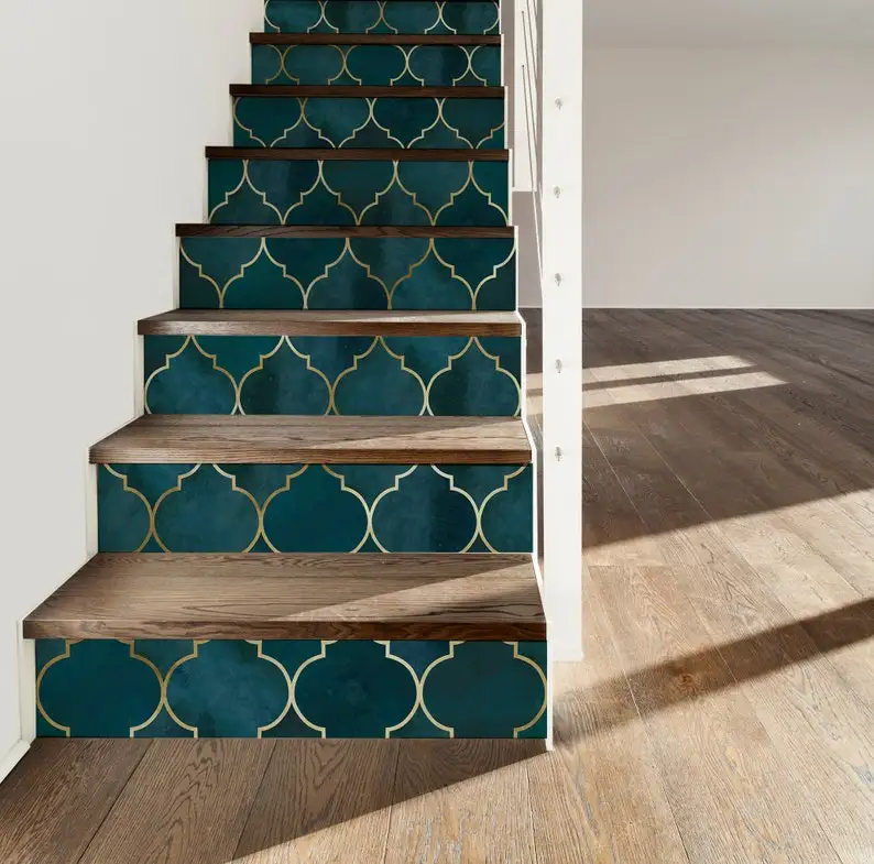 

Teal Moroccan Pattern Decal \ Dark Pattern Sticker \ Vintage Removable Stair Riser Decals \ Peel & Stick Vinyl Stair Sticker