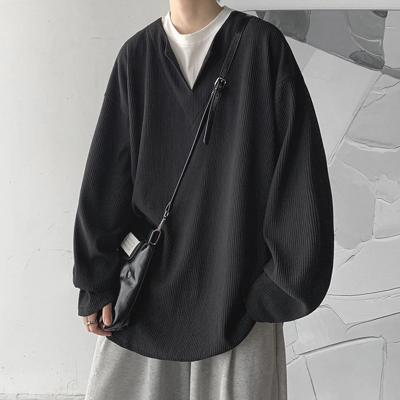 

Мужская футболка с длинным рукавом и V-образным вырезом, в Вертикальную Полоску