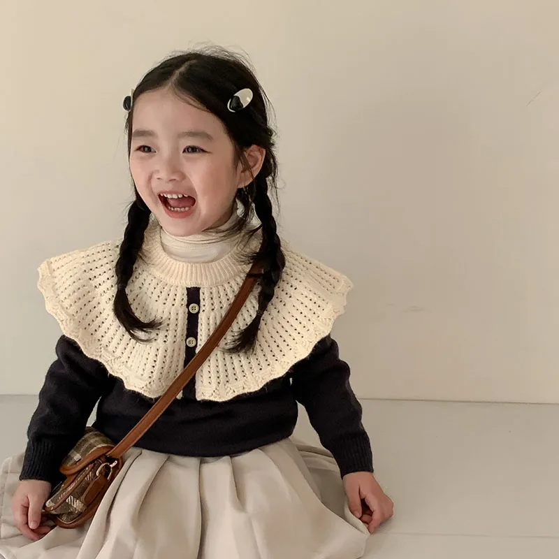 

Новинка Зима 2022, детская одежда, свитер-поло с кружевным воротником в Корейском стиле для девочек, милый пуловер, свитер 2-196