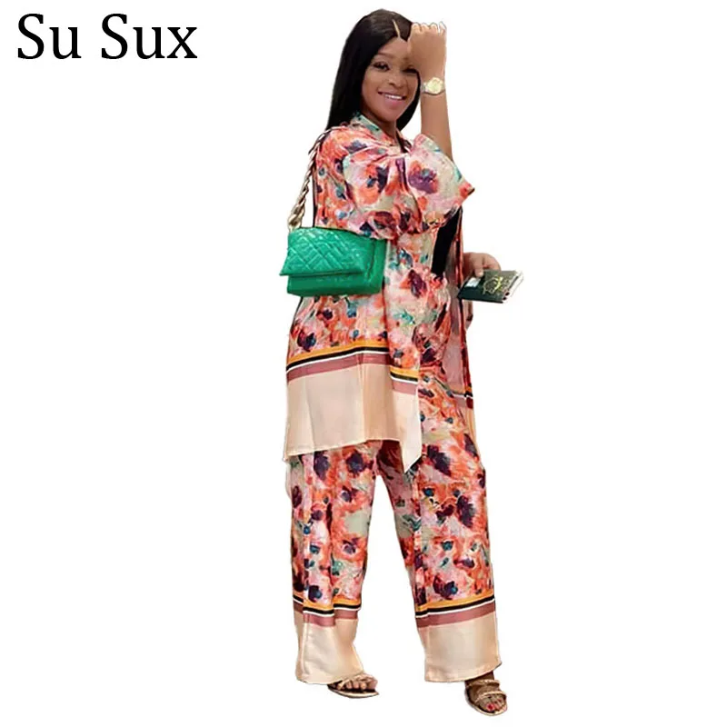 

Women's Wide Leg Pant Suits Office Lady Two Piece Set 2022 Autumn Print Turn Down Blouse Shirt Outfits Vestidos African Clothes