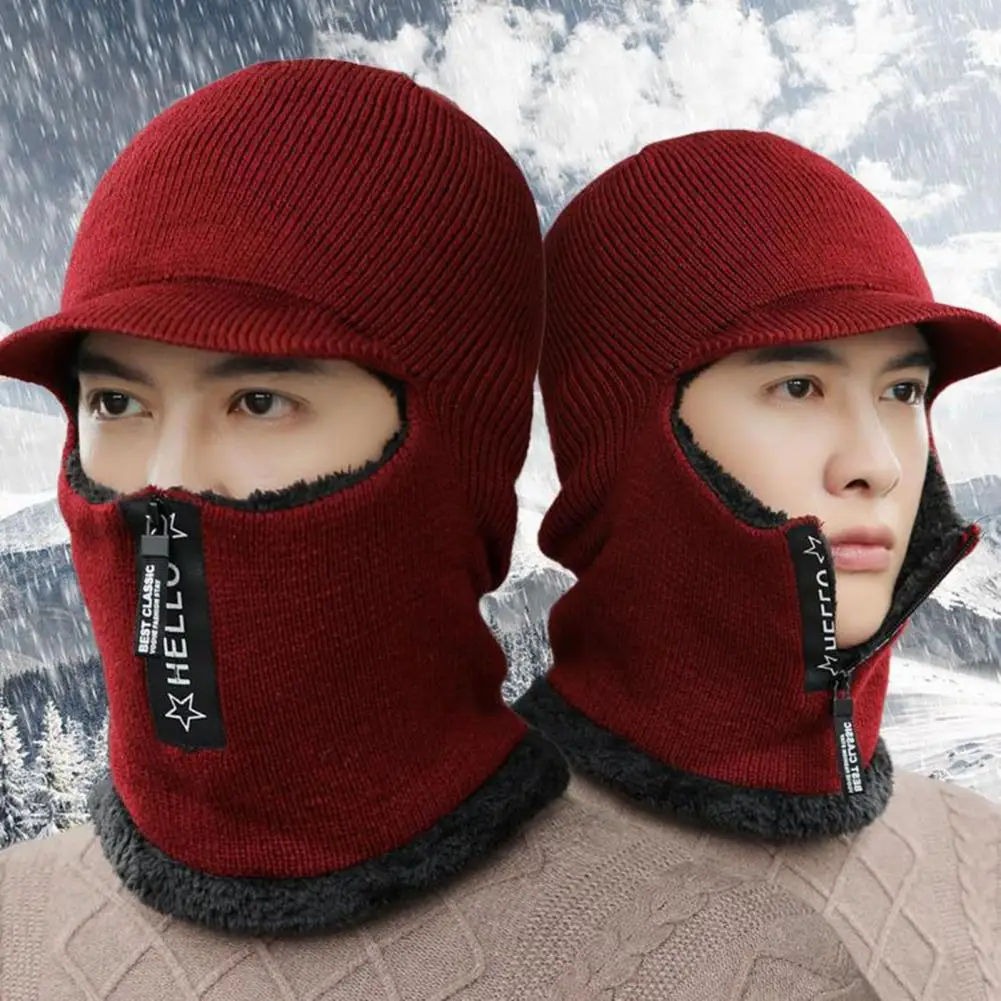 

Men Hat Zipper Opening Thermal Hat Zipper Opening Fleece Lining Knitting 2 in 1 Solid Color Men Neck Guard Cap Hat for Sport