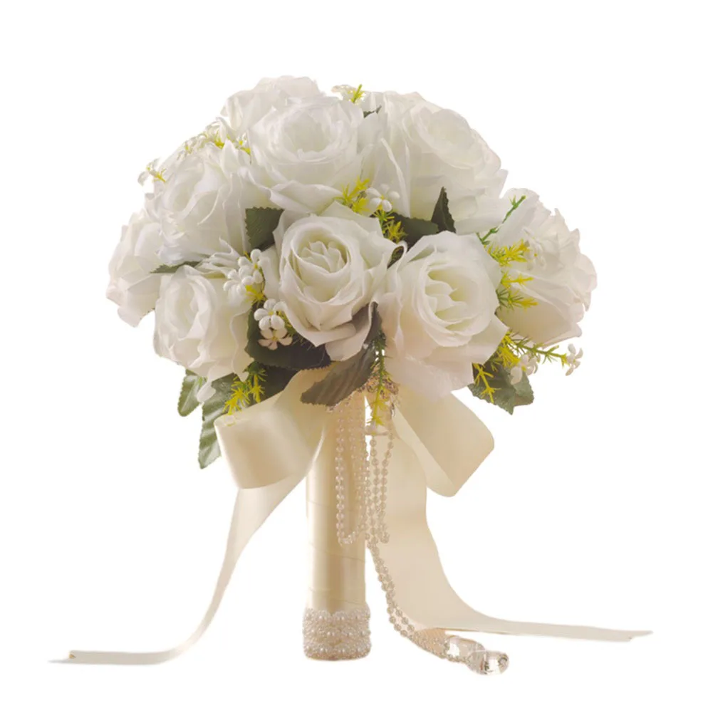 

Bridal Bridesmaid Wedding Bouquet White Silk Flowers Roses Artificial Bride Mariage Bouquet Romantic Wedding Accessories