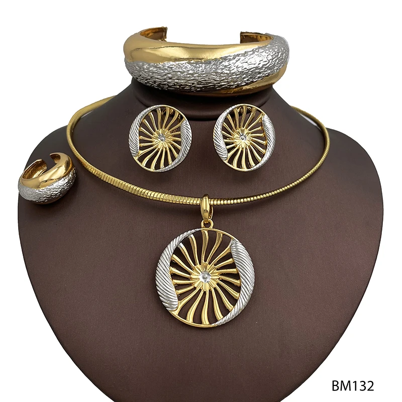 

Italian Brazilian Gold Plated Two Tone Round Shape Necklace Earring Bangle Ring Set For Wedding Jewellery Gift Free Shipping