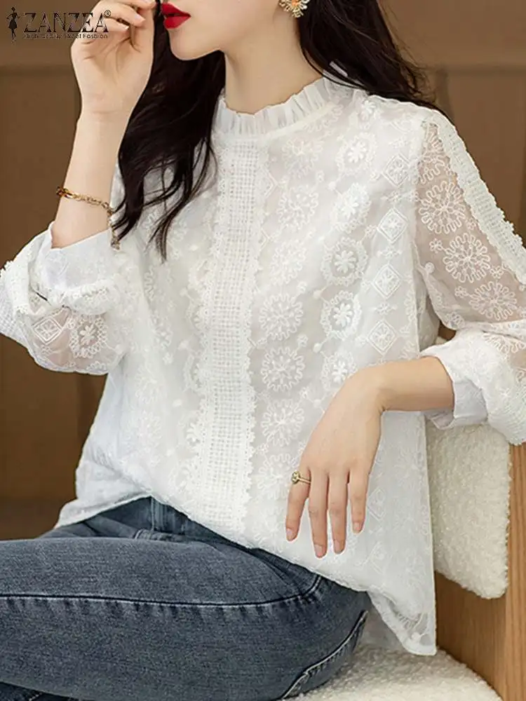 

ZANZEA 2023 Women Lace Insert Blouses Fashion Ruffle Collar Sheer White Shirts Summer Elagant Long Sleeve See-through Tunic Tops