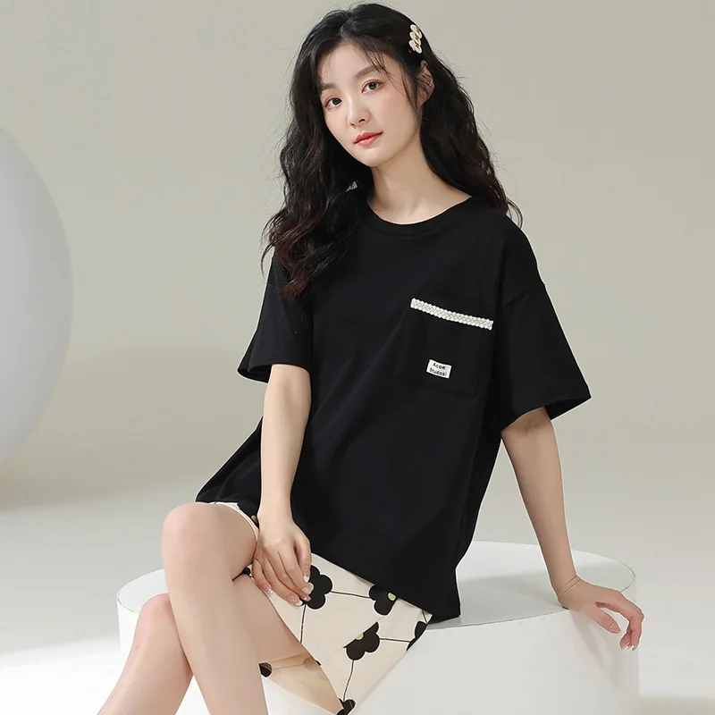 Pajamas Women's Summer Cotton Short-sleeved Shorts In Style Sweet Temperament Girl's Home Service Suit Round Neck Soft Sleepwear