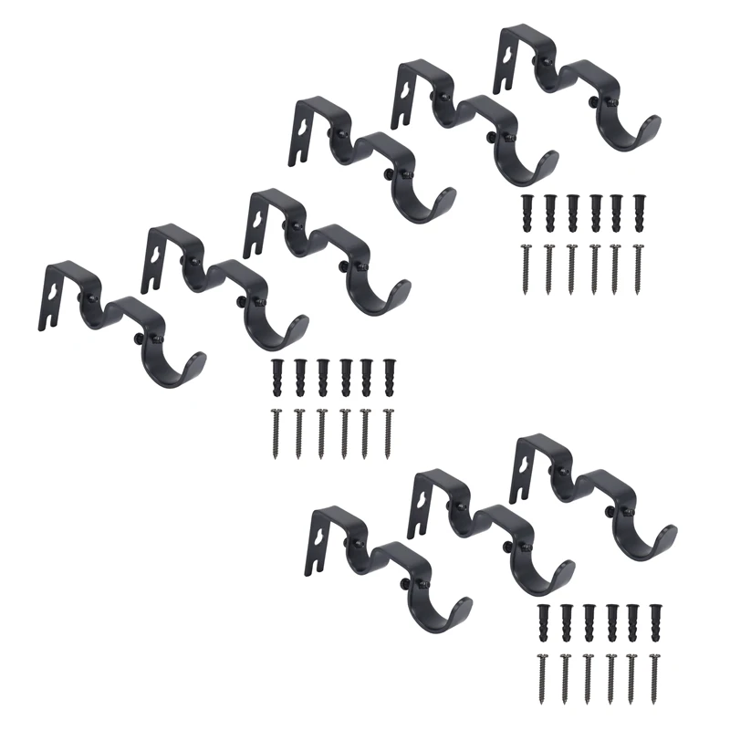 

9X Curtain Rod Brackets Heavy Duty Double Rod Holders Durable Metal Curtain Rod Wall Brackets With Screw Black