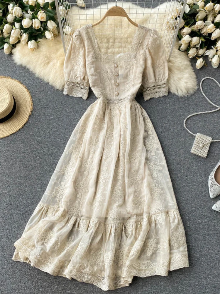 

Женское шифоновое платье-пуловер LY VAREY LIN, повседневное однотонное платье трапециевидной формы с квадратным вырезом, с пышными рукавами, для...