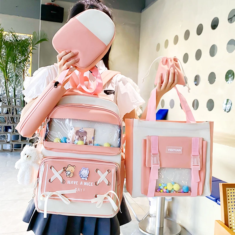 

5Pcs/Set Kawaii Backpack Canvas Student Book Tote Bag Nylon Backpack Girls Rucksack Women Teens School Bag 15.6 Inch Laptop Bag