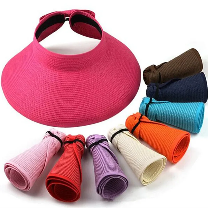 

Sparsil Empty Top Straw Hat For Women Summer Wide Brim Foldable UV Protect Outing Beach Hats Sunshade Panama Bucket Caps Visor