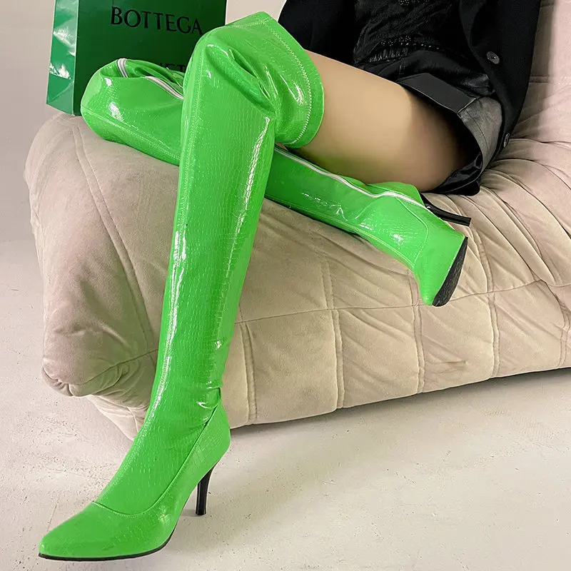 

PU Patent Leather Bright Green Pointed Toe Woman Overknees Small Size 33 Western Sexy Stripper Heels Over-the-knee Long Boots