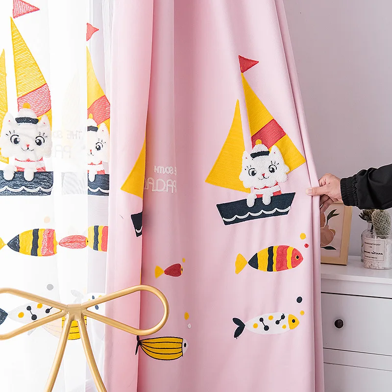 

Cute Cartoon Curtains for Kids Children Bedroom Living Room Blue Embroidered Sheer Drapes Pink Cat Kindergarten 02