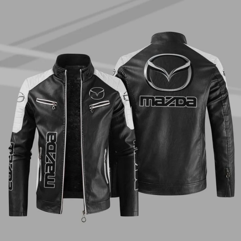 

2023New Men's Winter Mazda Car Logo Fashion PU Leather Motorcycle Bomber Zipper Long Sleeve Jacket Outwear Keep Warm Male Coat