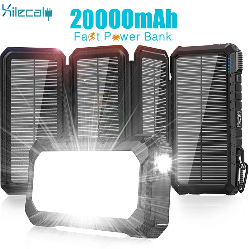 3PCS Solar Panel Solar Power Bank 20000mAh Portable Charging Poverbank Camping LED Lights External Battery Charger For Phones Lp