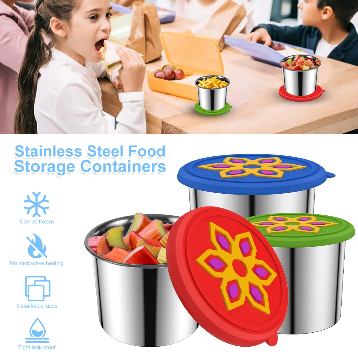 

3Pcs Stainless Steel Food Containers with Silicone Lids Premium Leak-Proof Lunch Box for School Stackable Snack Containers