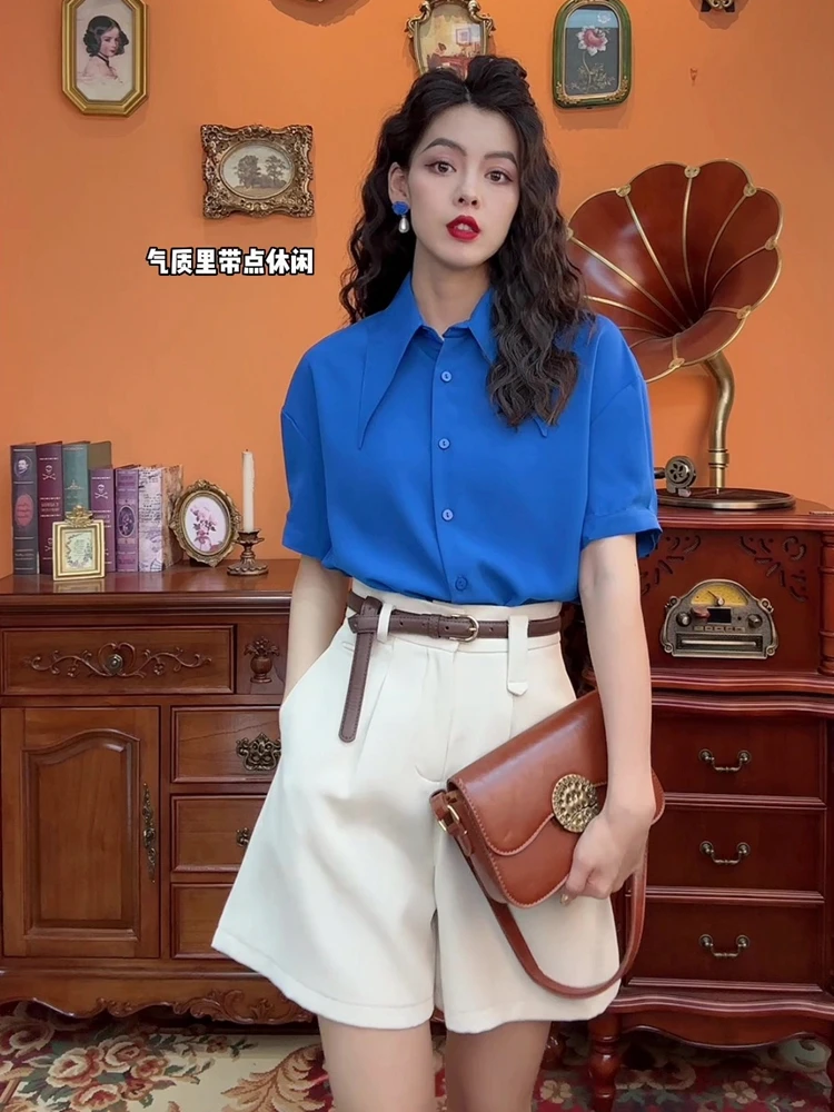 Hong Kong Sle Retro Thin Polo Collar Short sleeve Shirts Women Summer New Fashion Temperament Slimming Loose Top