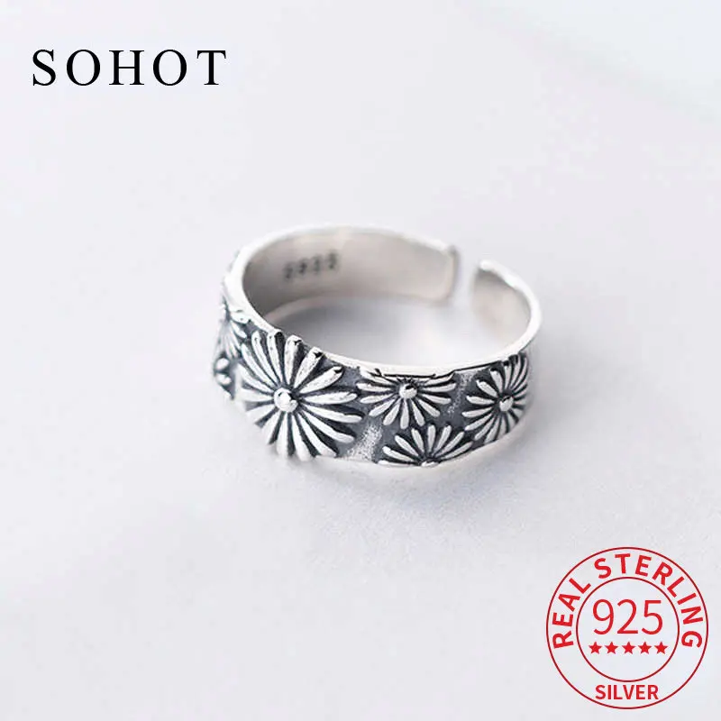 

Fashion 925 Sterling Silver Flower Plant Adjustable Ring For Fashion Woman Party Vintage Fine Jewelry Minimalist Accessories