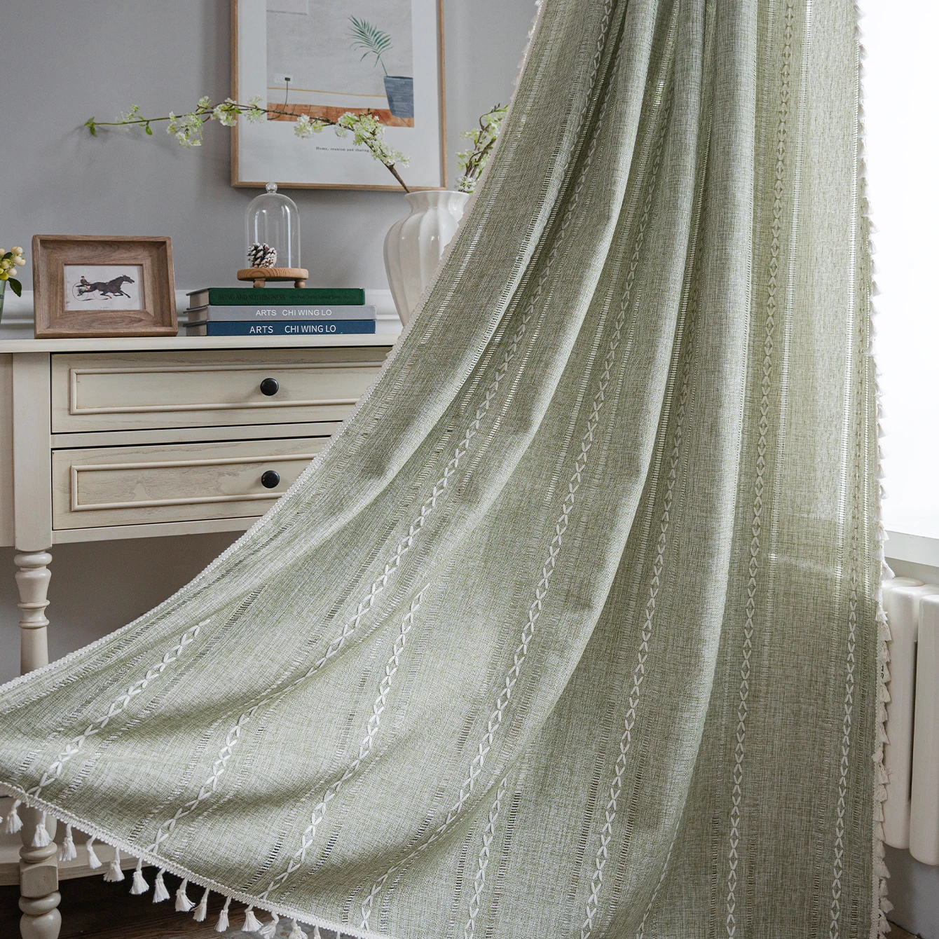 Шторы из хлопка и льна с полным затенением, зеленые богемные Модные ...