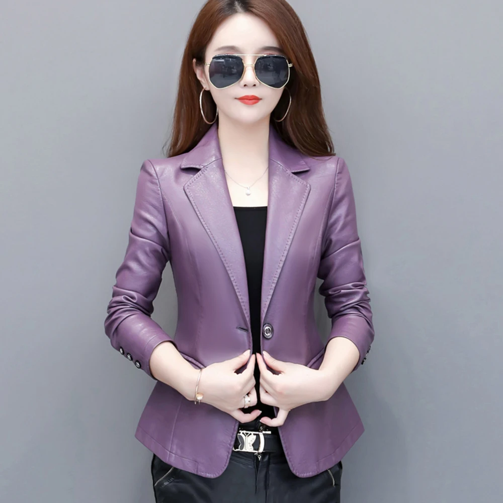 New Women Sheepskin Blazer Spring Autumn Fashion Classic Single Button Slim Waist Small Leather Jacket Split Leather Short Coat