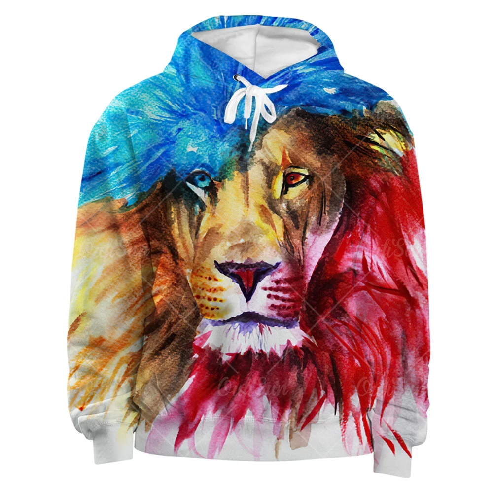 

Men's and women's colored long sleeved hoodie with 3D printed lion pattern
