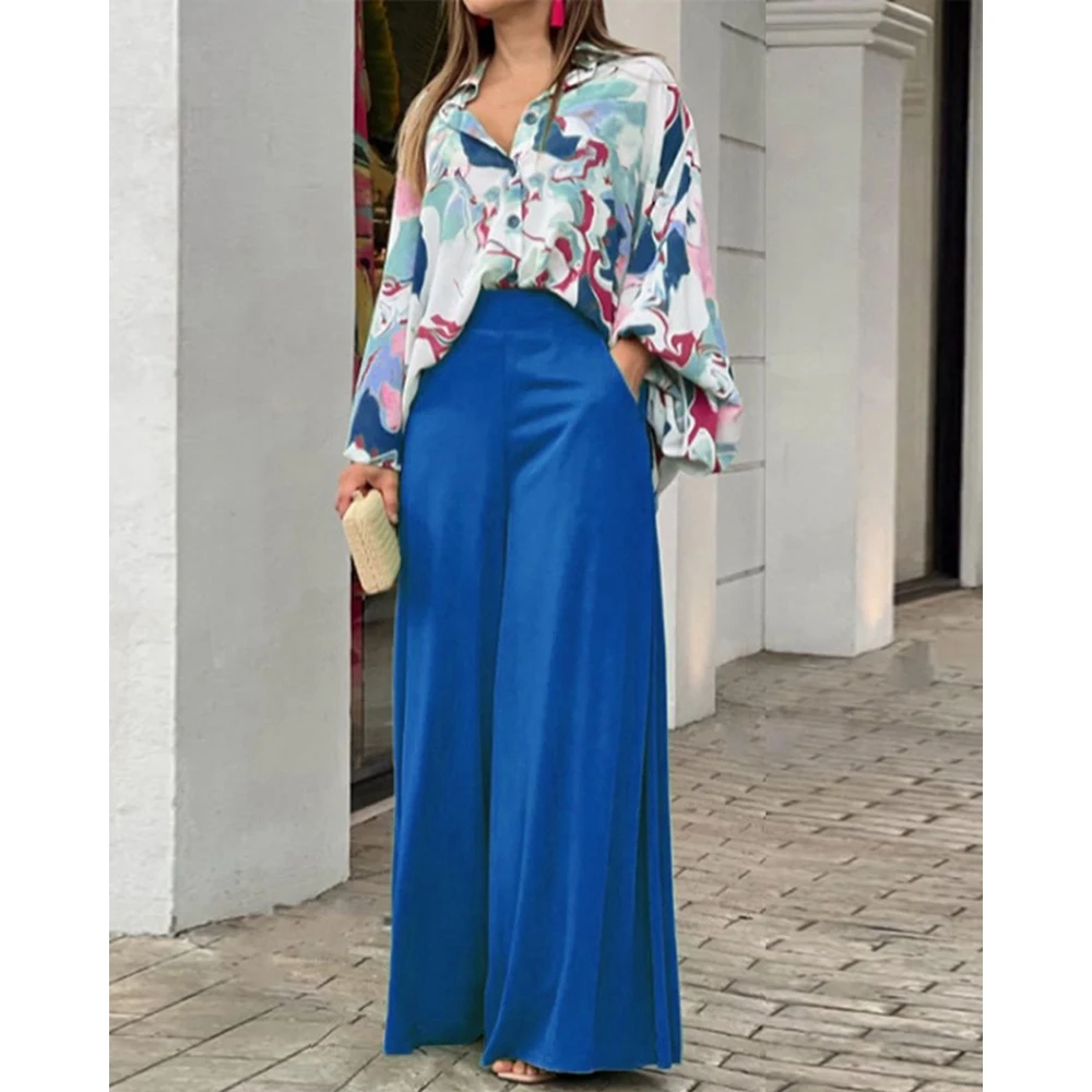 Summer Women Floral Print Long Sleeve Shirt Top & High Waist Wide Leg Pants Set Casual Oversized Two Pieces Outfits Sets Woman