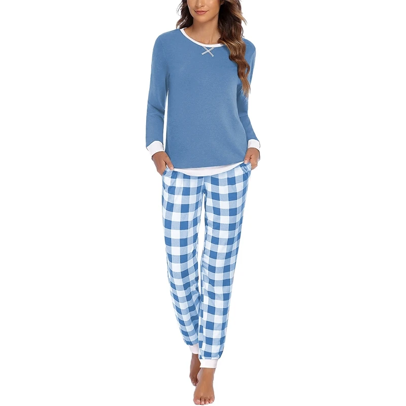 

Womens Loungewear Outfits Long Sleeve Crewneck Top and Plaid Joggers Pants Set