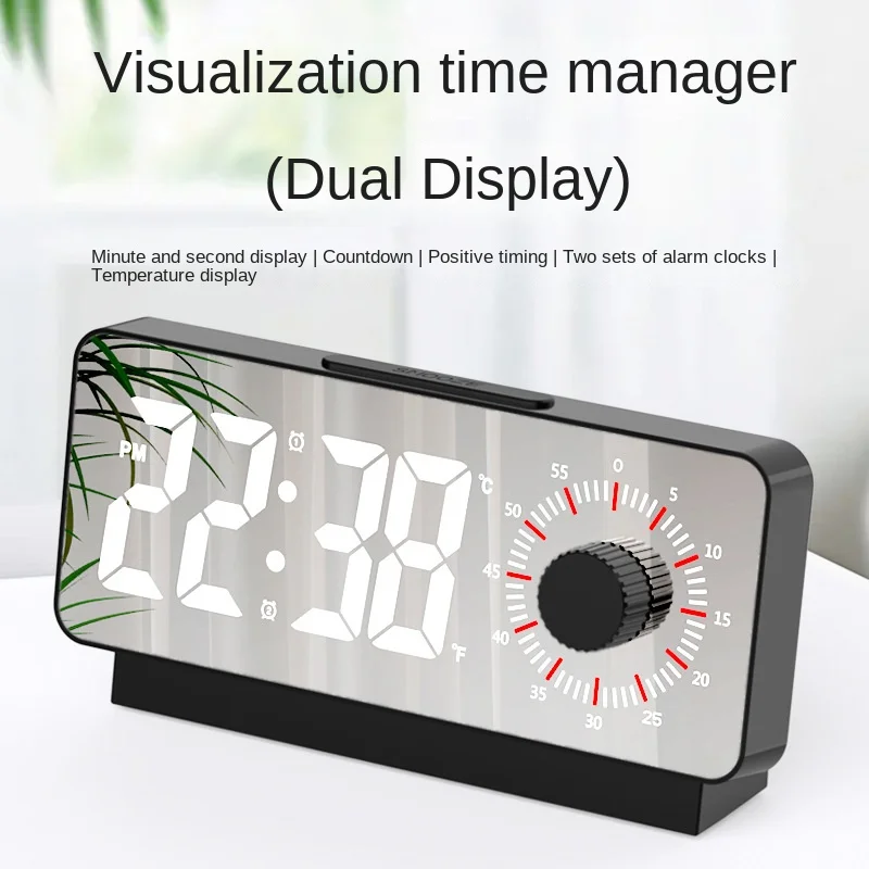 

New LED Clear Large Screen Double Display Mirror Alarm Clock Multi-Function Calendar Temperature Countdown Luminous Noiseless Cl