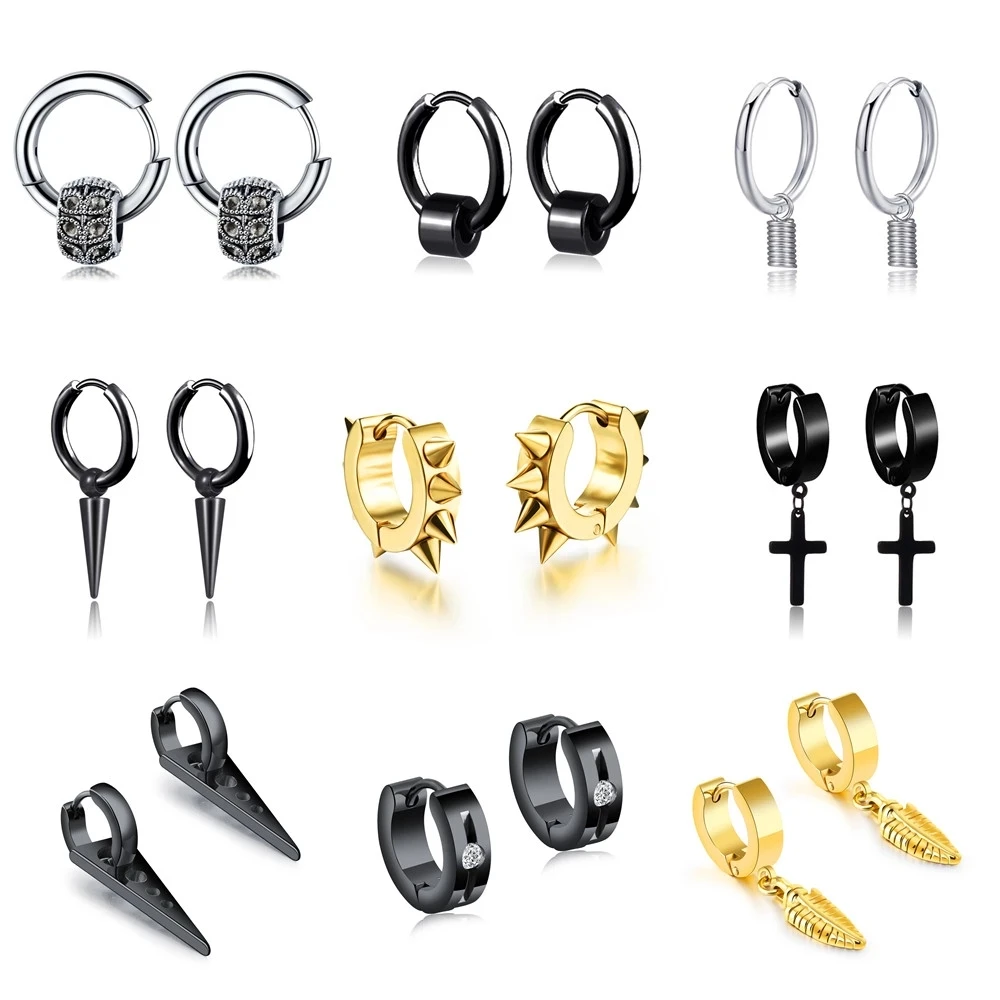 

1 Pairs Punk Stainless Steel Cross Zircon Earrings for Men Women Vintage Charms Gold Hoop Piercing Jewelry Accesories Wholesale