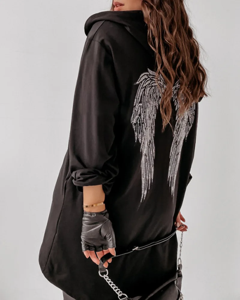 

Women Coat Medium Length Solid Color Long Sleeve Casual Spring Autumn Everyday Fashion Hooded Black Wings Hot Drill Zipper Coat