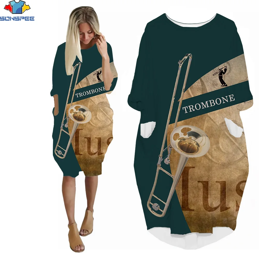 

SONSPEE 3D Printing Summer Women's Short Sleeve Dress Music Retro Casual Street Hip Hop Harajuku Sports Loose Knee Pocket Skirt